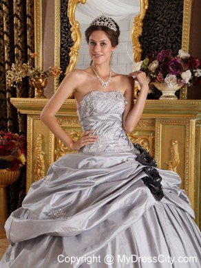 Gray Strapless Beading Appliques Flowers Sleeveless Quinceanera Gown