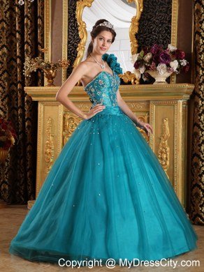 Princess Teal One Shoulder Flowers Beading Quinceanera Gowns