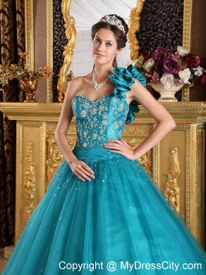 Princess Teal One Shoulder Flowers Beading Quinceanera Gowns