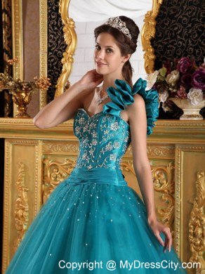 Princess Teal One Shoulder Flowers Beading Quinceanera Gowns