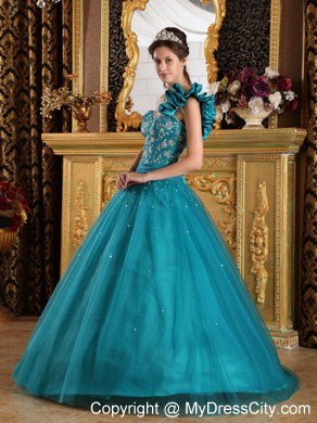 Princess Teal One Shoulder Flowers Beading Quinceanera Gowns