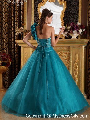 Princess Teal One Shoulder Flowers Beading Quinceanera Gowns