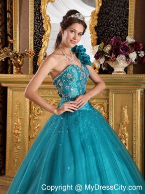 Princess Teal One Shoulder Flowers Beading Quinceanera Gowns