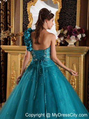 Princess Teal One Shoulder Flowers Beading Quinceanera Gowns