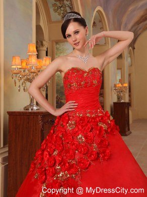 Red Sweetheart Beading Flowers Quinceanera Dress for 2013