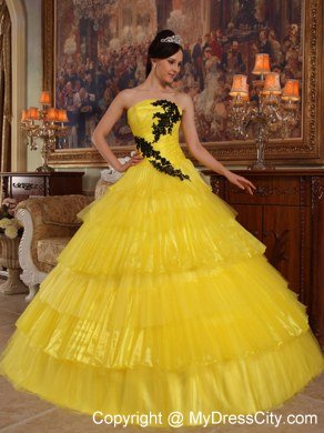 Appliques and Ruffled Layers Strapless Yellow Quinceanera Dress