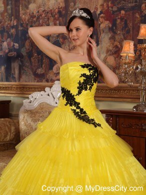 Appliques and Ruffled Layers Strapless Yellow Quinceanera Dress