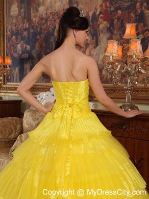 Appliques and Ruffled Layers Strapless Yellow Quinceanera Dress