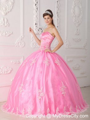 Pink Strapless Lace Appliques 2013 Pretty Quinceanera Dress