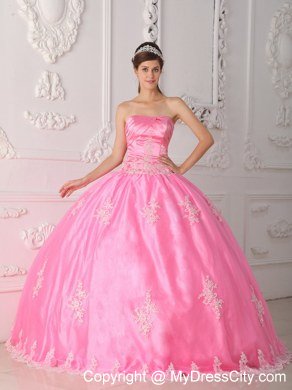 Pink Strapless Lace Appliques 2013 Pretty Quinceanera Dress