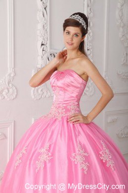 Pink Strapless Lace Appliques 2013 Pretty Quinceanera Dress