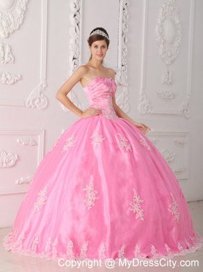 Pink Strapless Lace Appliques 2013 Pretty Quinceanera Dress