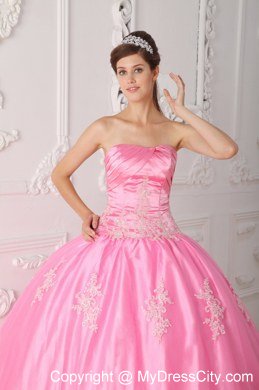 Pink Strapless Lace Appliques 2013 Pretty Quinceanera Dress