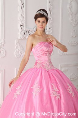 Pink Strapless Lace Appliques 2013 Pretty Quinceanera Dress