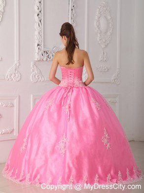 Pink Strapless Lace Appliques 2013 Pretty Quinceanera Dress