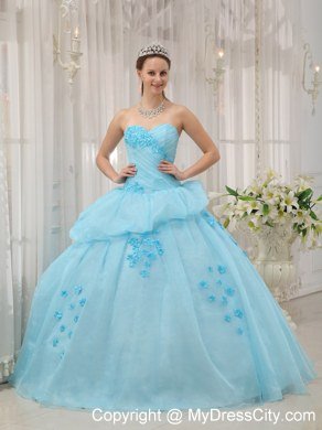 Elegant Sweetheart Ruching Appliques Light Blue Quinceanera Dress