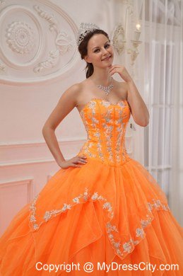 Orange Sweetheart Appliques Long Sweet 15 Dresses for Girl