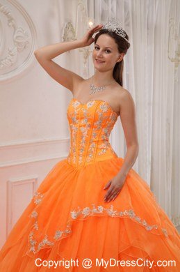 Orange Sweetheart Appliques Long Sweet 15 Dresses for Girl