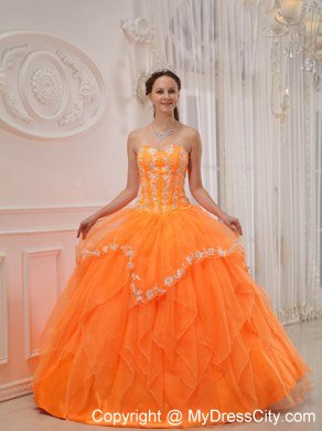 Orange Sweetheart Appliques Long Sweet 15 Dresses for Girl