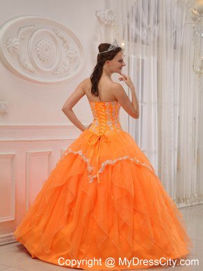 Orange Sweetheart Appliques Long Sweet 15 Dresses for Girl