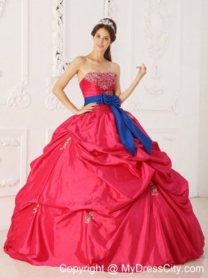 Coral Red Ball Gown Strapless Beading Sash Bow Quinceanera Dress