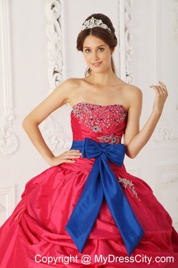 Coral Red Ball Gown Strapless Beading Sash Bow Quinceanera Dress