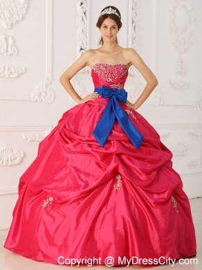 Coral Red Ball Gown Strapless Beading Sash Bow Quinceanera Dress