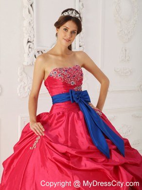 Coral Red Ball Gown Strapless Beading Sash Bow Quinceanera Dress