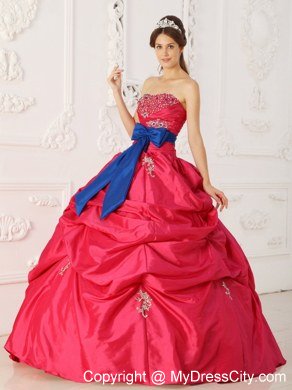 Coral Red Ball Gown Strapless Beading Sash Bow Quinceanera Dress