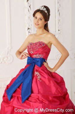 Coral Red Ball Gown Strapless Beading Sash Bow Quinceanera Dress