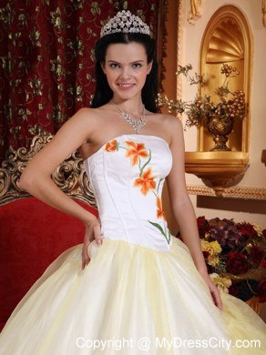 Light Yellow and White Strapless Embroidery Lace up Quinceanera Dress