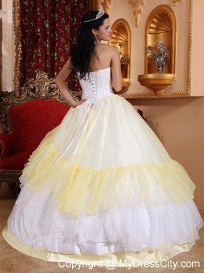 Light Yellow and White Strapless Embroidery Lace up Quinceanera Dress