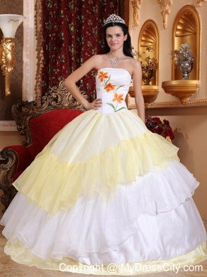 Light Yellow and White Strapless Embroidery Lace up Quinceanera Dress