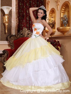 Light Yellow and White Strapless Embroidery Lace up Quinceanera Dress