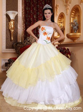 Light Yellow and White Strapless Embroidery Lace up Quinceanera Dress