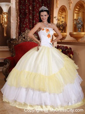 Light Yellow and White Strapless Embroidery Lace up Quinceanera Dress