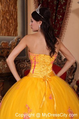 Yellow Strapless Lace Appliques Full Length Quinceanera Dress