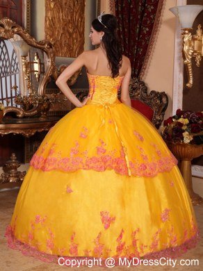 Yellow Strapless Lace Appliques Full Length Quinceanera Dress