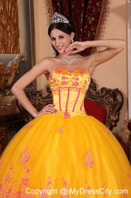 Yellow Strapless Lace Appliques Full Length Quinceanera Dress