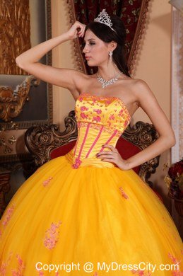 Yellow Strapless Lace Appliques Full Length Quinceanera Dress