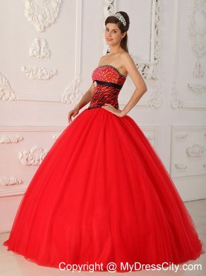 Red Zebra A-line Princess Strapless Beading Dress for Sweet 16