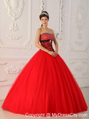 Red Zebra A-line Princess Strapless Beading Dress for Sweet 16