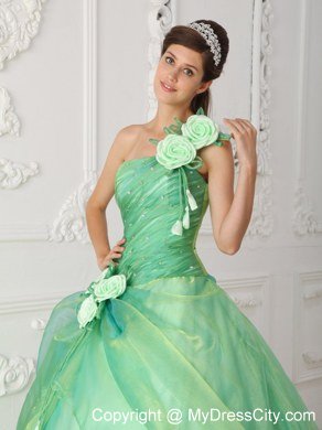 Dropped Waist Ball Gown One Shoulder Flowers Beaded Quinceanera Dresses