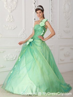 Dropped Waist Ball Gown One Shoulder Flowers Beaded Quinceanera Dresses