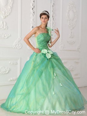 Dropped Waist Ball Gown One Shoulder Flowers Beaded Quinceanera Dresses