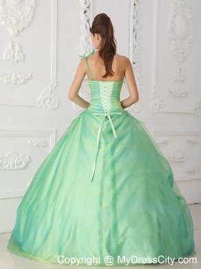 Dropped Waist Ball Gown One Shoulder Flowers Beaded Quinceanera Dresses