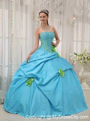 Pretty Strapless Beading Flower Baby Blue 2013 Spring Sweet 15 Dresses