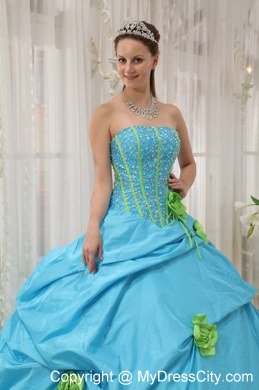 Pretty Strapless Beading Flower Baby Blue 2013 Spring Sweet 15 Dresses