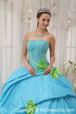 Pretty Strapless Beading Flower Baby Blue 2013 Spring Sweet 15 Dresses