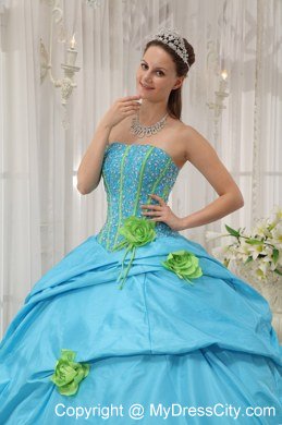 Pretty Strapless Beading Flower Baby Blue 2013 Spring Sweet 15 Dresses